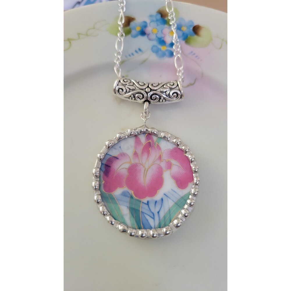 Upcycled Vintage Toyo Porcelain Iris Necklace Soldered Broken China Jewelry